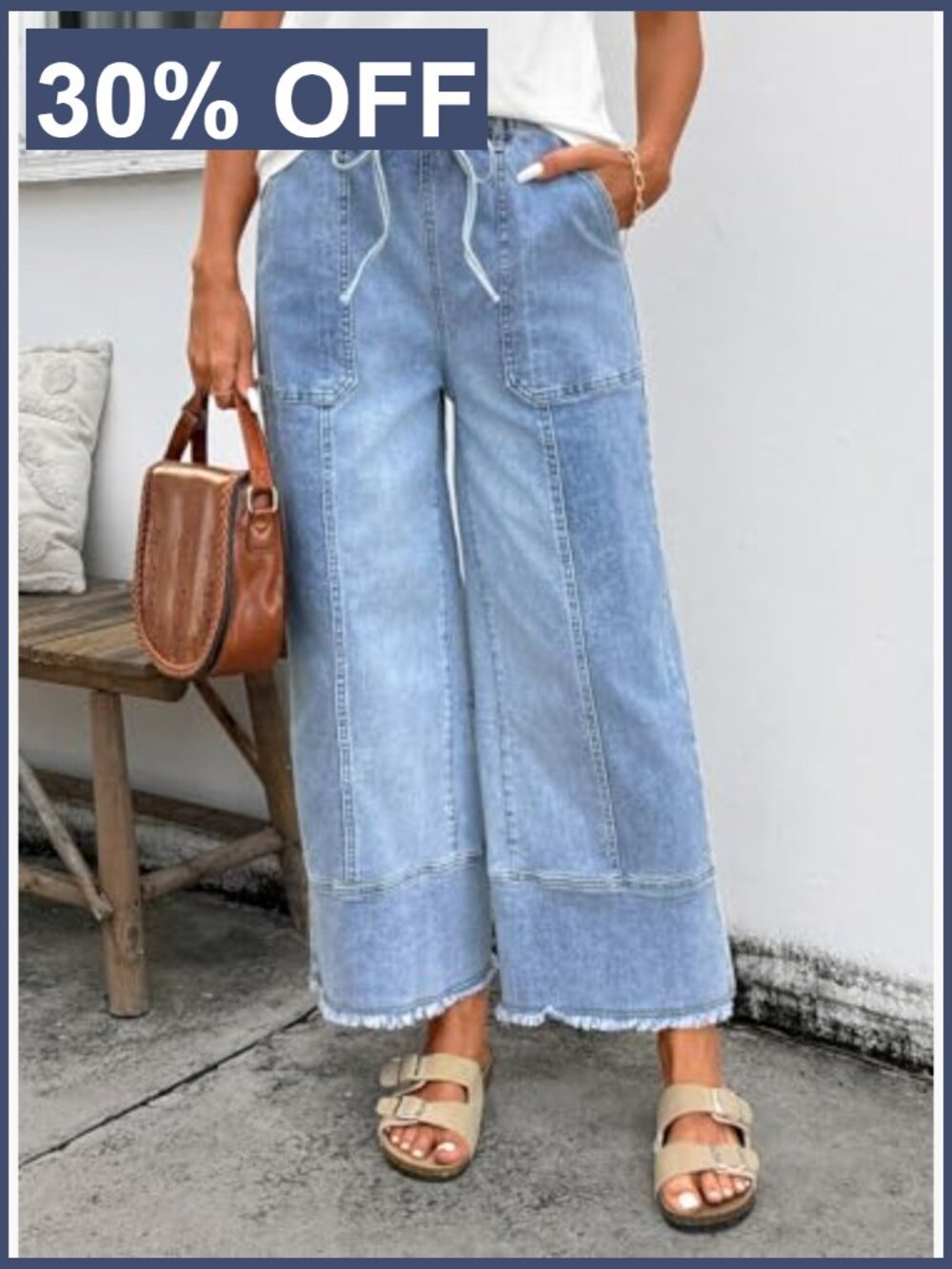 High Waisted Wide Leg Baggy Jeans with Drawstring and Raw Hem Stretchy Denim - Picture 2 of 7